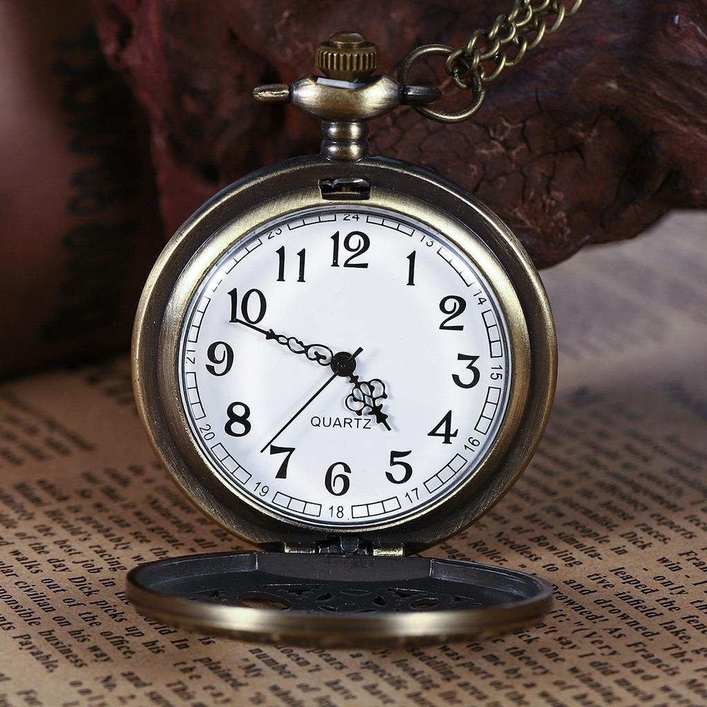 Antique Bronze Hollow Dragon Phoenix Auspicious Flip-Cover Quartz Stainless Steel Gift Pocket Watch