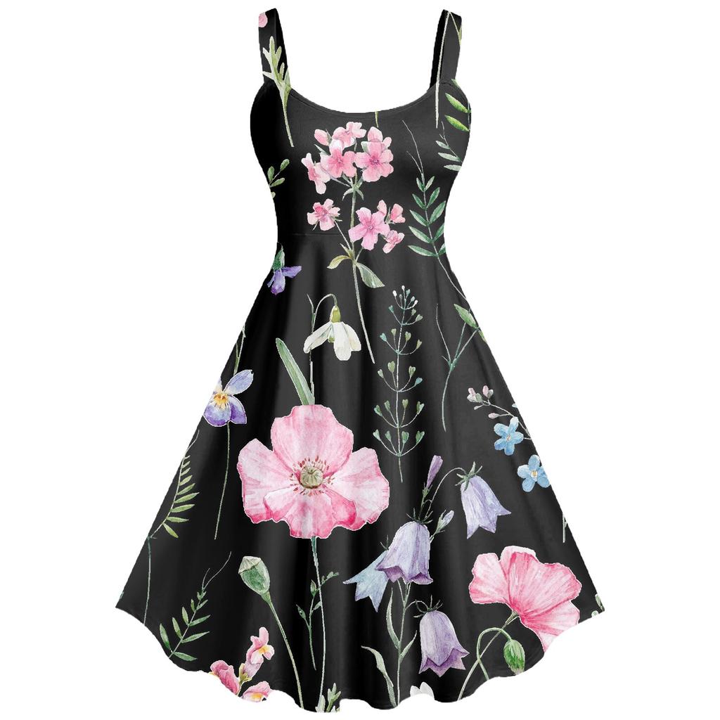 Women's Casual And Fashionable Print Sexy Suspender Retro Dress Big Swing Dress Dress