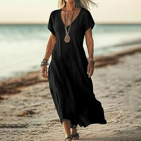 V-Neck Loose Solid Color Cotton Linen Women's Dress