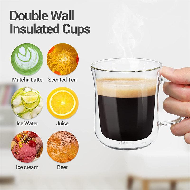 YWDL 220/300/400ml Double Wall Glass Espresso Cups Clear Coffee Mug With Handle For Hot Cold Beverage Milk Juice Drinkware Set