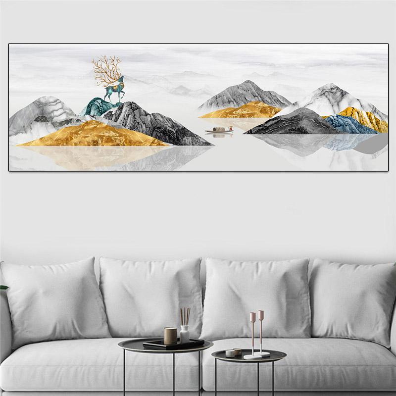 Landscape Golden Mountain Posters and Prints Canvas Painting Tree Boat Deer Cuadros Light Luxury Wall Art Living Room Home Decor