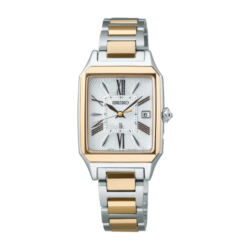 Seiko Watch Lucia Square Design Solar Radio Control Women's Watch SSVW210 Silver + Lady Gold