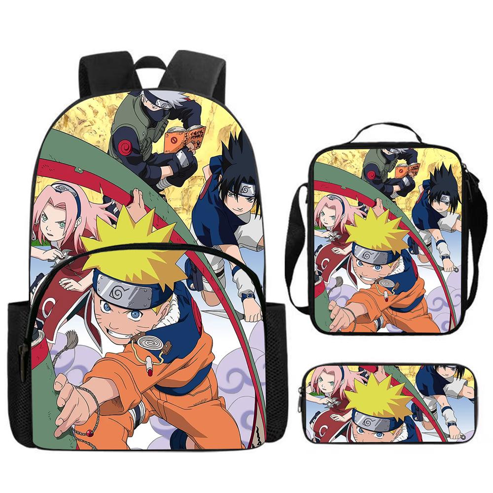 3Pcs Set NARUTO Anime School Backpack with Front Pocket, Lunch Bag & Pencil Bag, Lightweight & Durable for Boys & Girls Age 4-10