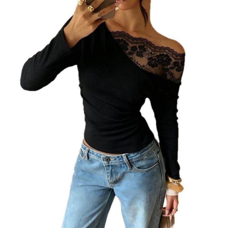 Women S French Lace Off Shoulder Long Sleeve Slim Fit T Shirt