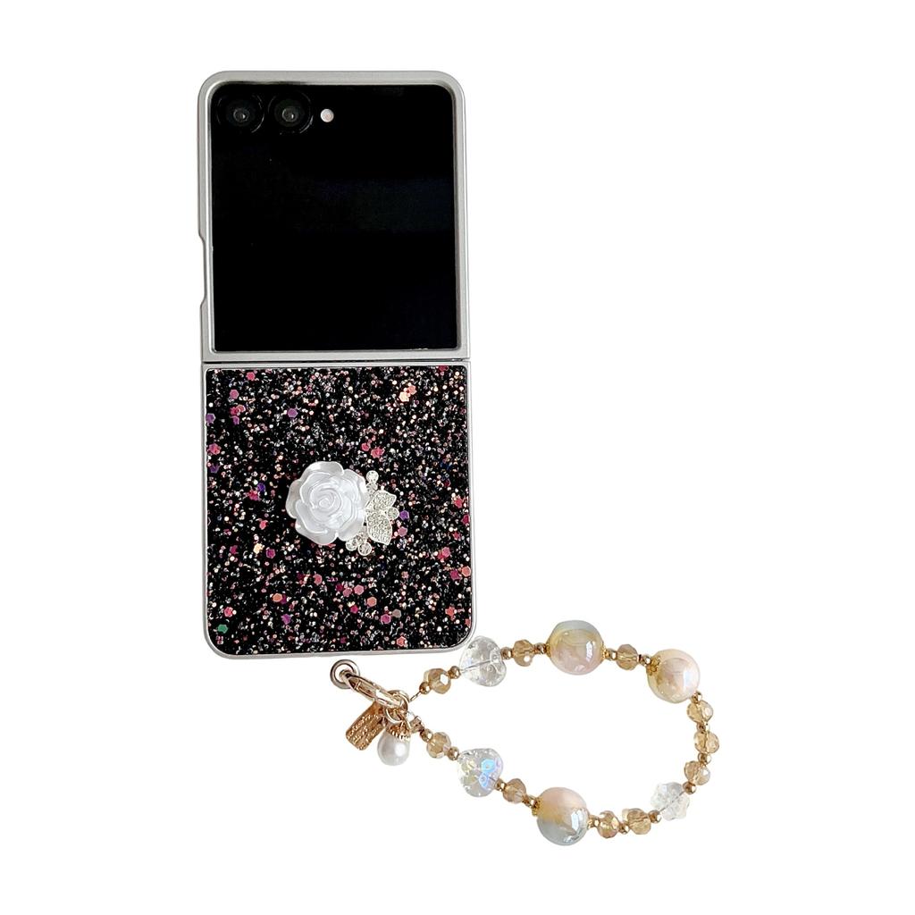 Phantom Glitter White Rose Mobile Phone Case for Samsung Z FLIP7/6/5/4 Portable Bead Chain 3rd Generation Folding Case