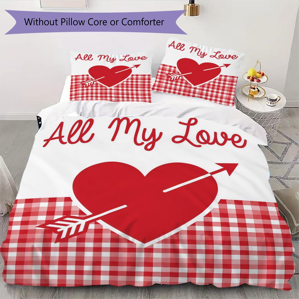Rotes Love-Muster Bettwäsche-Steppdecken-Set Steppdeckenbezug Kissenbezug Heimdekoration Geburtstagsgeschenk (1 * Bettbezug + 2 * Kissenbezug ohne Füllung)
