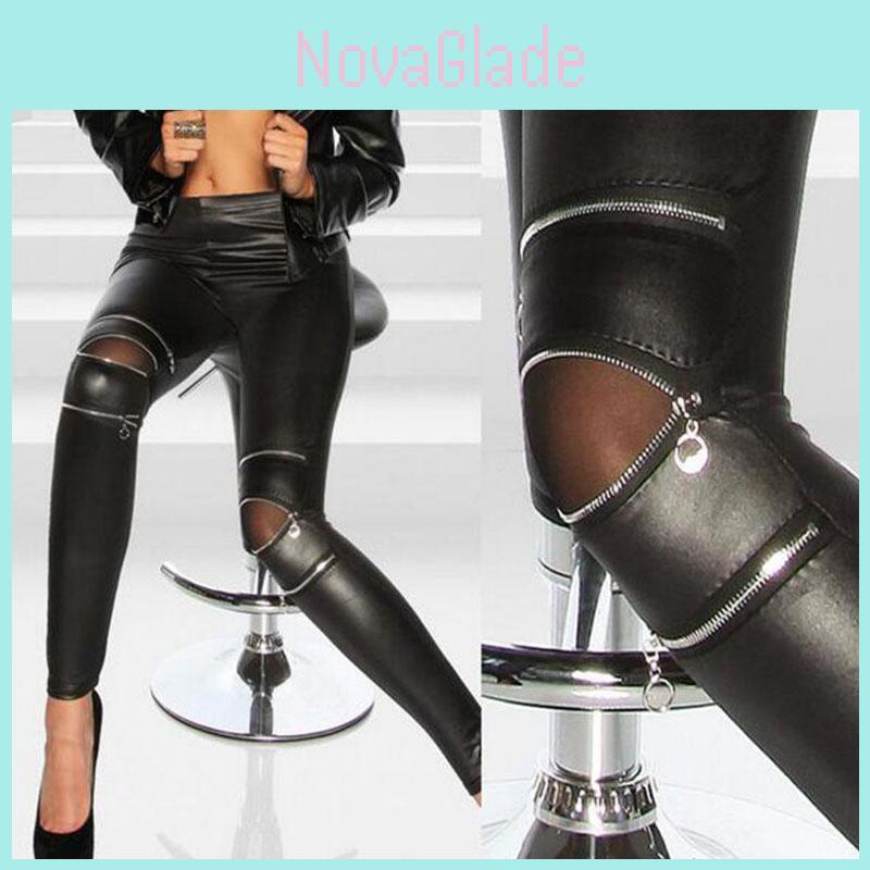 Slim Fit Classical Sexy Three Zipper Bright Leather Stretchy Pants Leggings