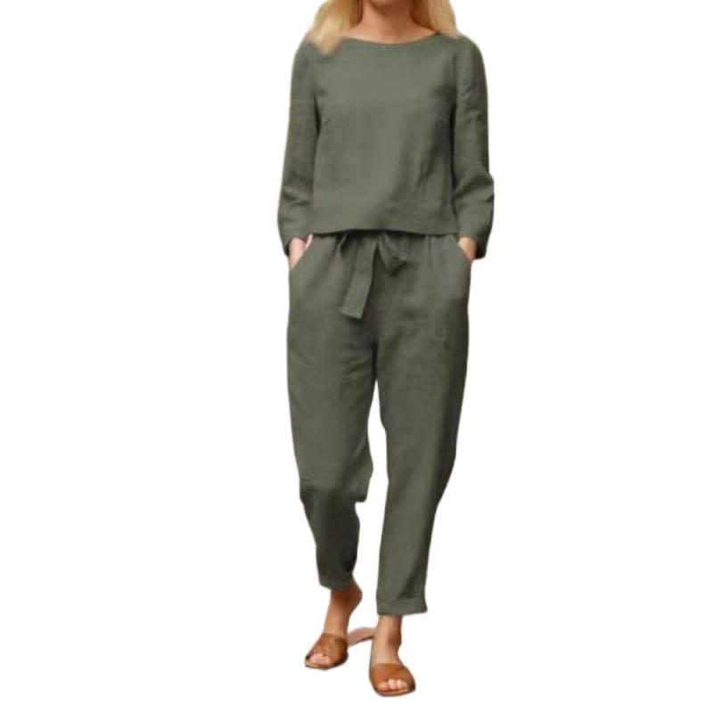 Fall Style Casual Hemp Two-piece Loose Waist Tie Fashion Color Long-sleeved Sports Suit for Women