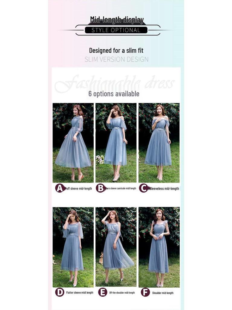 2025 New Off-the-Shoulder Bridesmaid Dress: Mid-Length, Slimming, with Fairy Charm for Special Occasions.