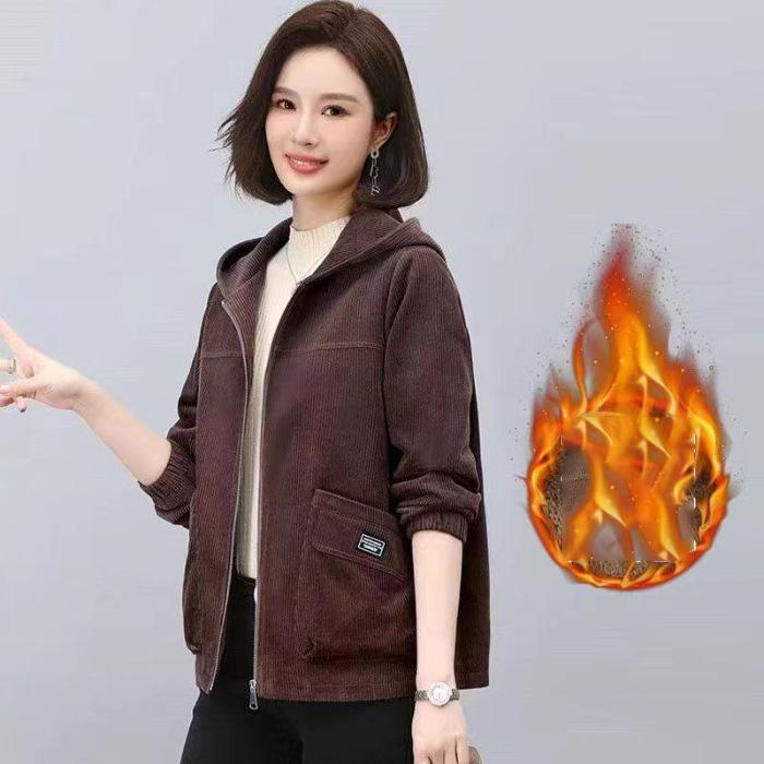 Thickened Corduroy Jacket Women's Casual Fleece-Lined Hooded Sweater Coat Warm Autumn Winter New Style Mommy Clothes