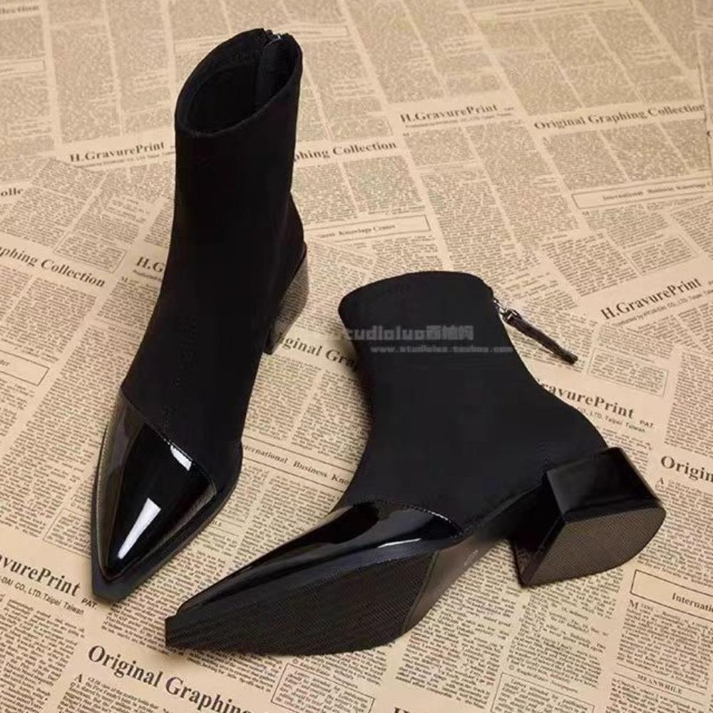 Short Boots Women's 2025 Winter Thick Heel Pointed Women's Leather Shoes Retro Cowhide Splicing Short Boot Thin Ankle Boots