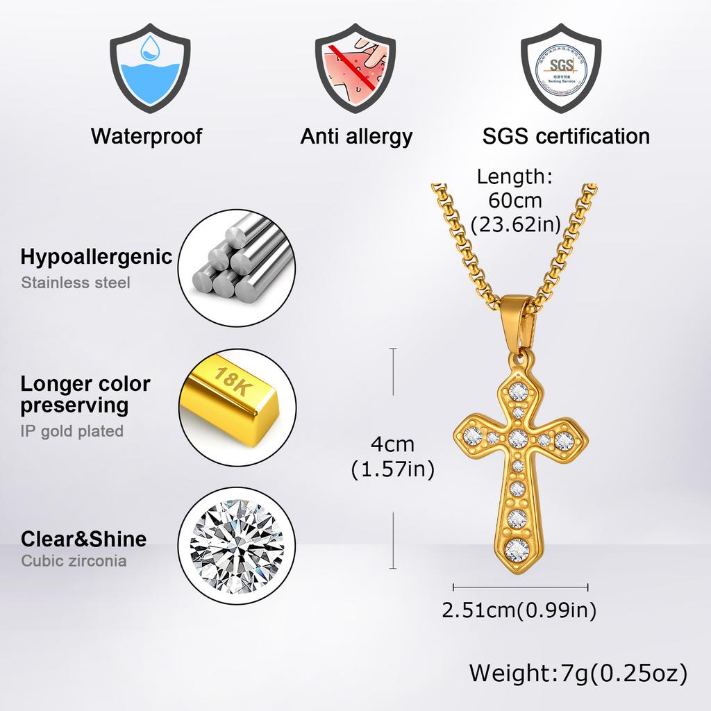 Vnox Stainless Steel Zircon Cross Pendant Necklace with Box Chain for Women Men, Christian Hip Hop Cross Necklace Jewelry Gifts