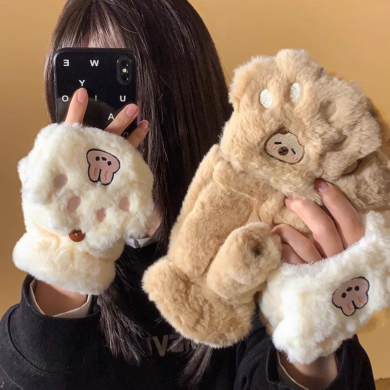 Cute flip bunny plush finger neck gloves female warm and velvet student cold proof