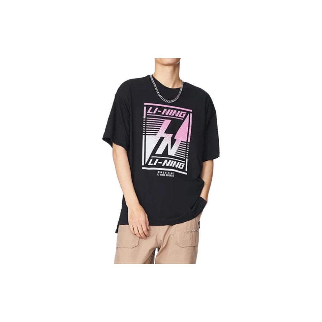 Li-Ning Patterned Print Loose Round Neck Short Sleeve T-Shirt Men Tops Black AHSS127-2