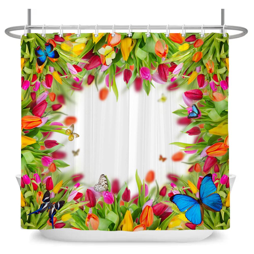 Natural Flowers Butterfly Shower Curtain Morden Art Floral Girl Waterproof Fabric Bathroom Curtain Room Decor Curtain With Hooks