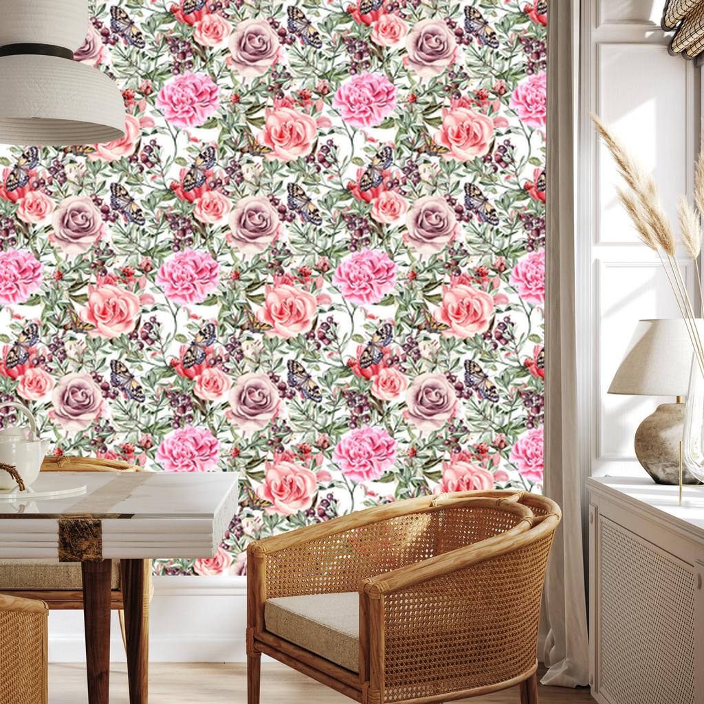 Wallpaper Colorful Roses, Peonies and Watercolor for Living Room and Bedroom 50x1000