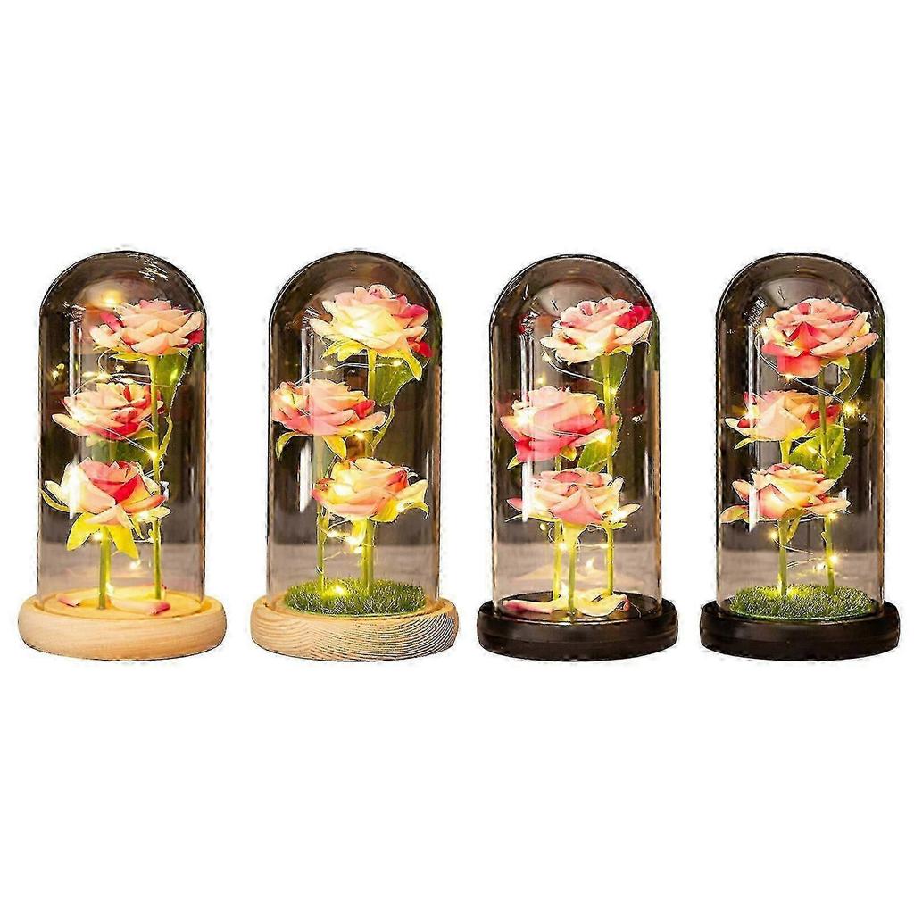 Pink Eternal Rose in Glass Dome with Wooden Base - LED Flower Gift for Christmas and Mother's Day