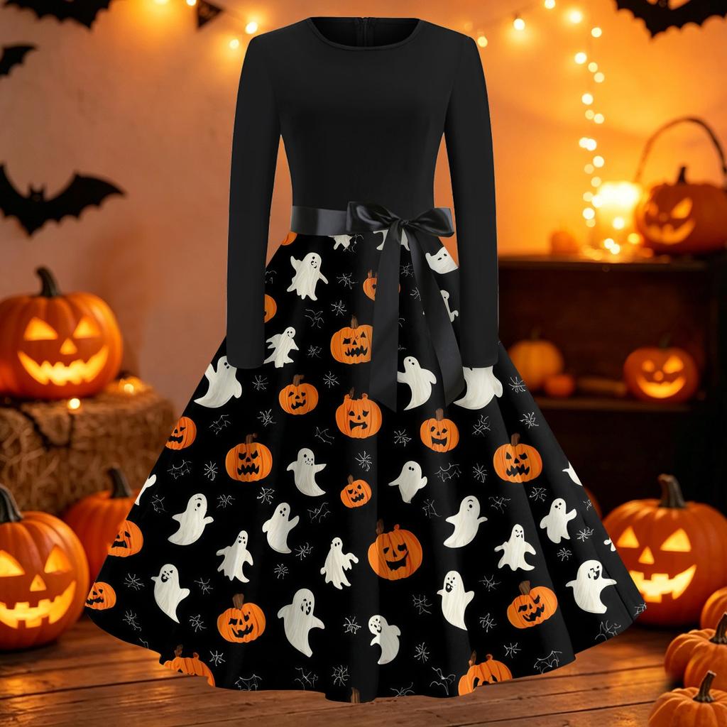Women's Vintage Halloween Print Round Neck Casual Dress for Everyday Wear