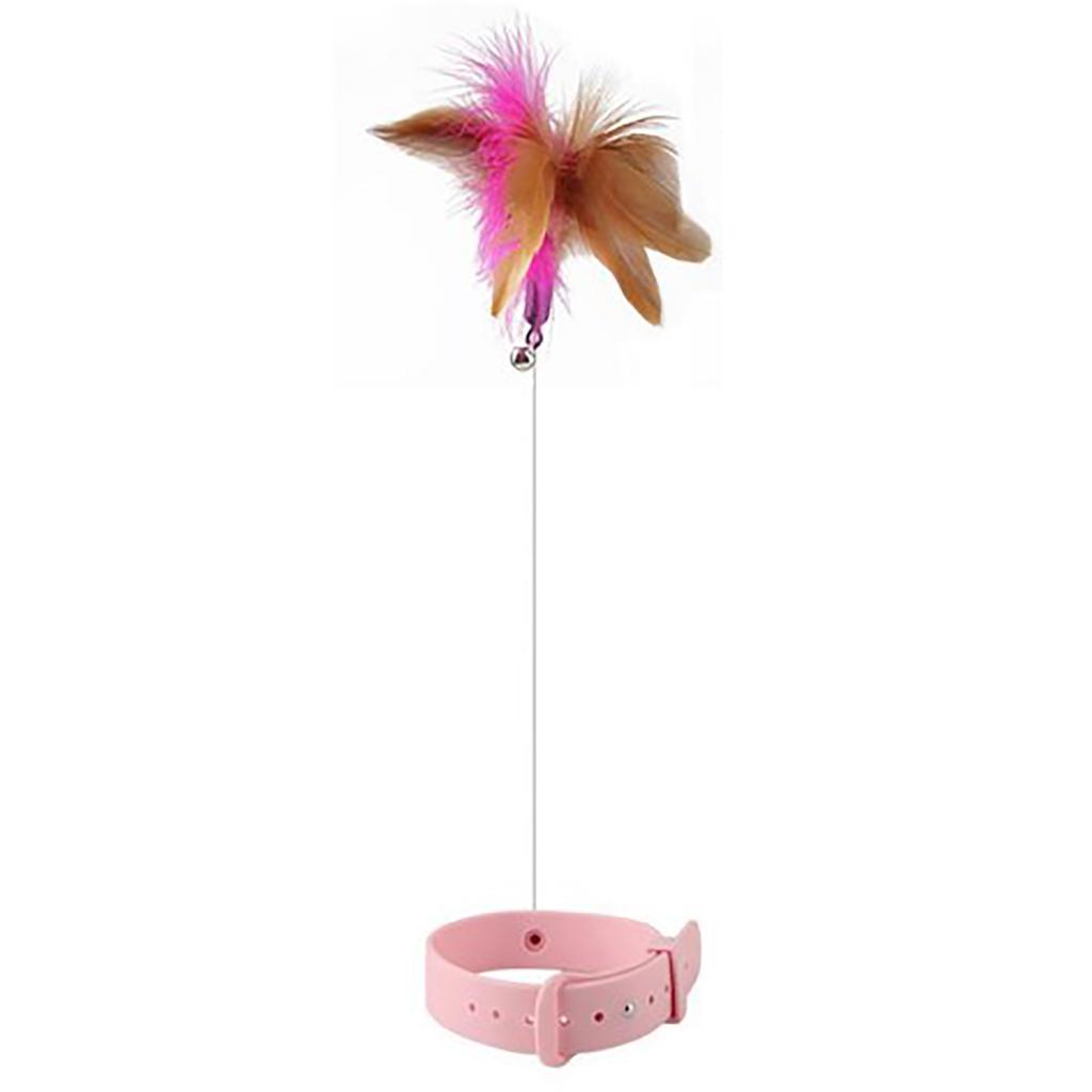 Cat Feather Collar Toys Adjustable Flexible Funny Interactive Cat Feather Wand Collar with Bell for Cat Indoor Play Pink