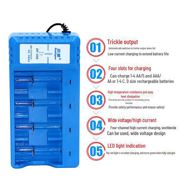 Smart 4-Slot Charger for 1/2/5/7 1.2V Rechargeable Batteries - Double Capacity, Intelligent Indicator
