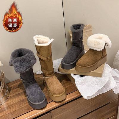 Gray Snow Boots Women's Winter New Thick-soled Heightening Piled Thickened Long Tube Snow Cotton Shoes Leg Cover Spice Girl