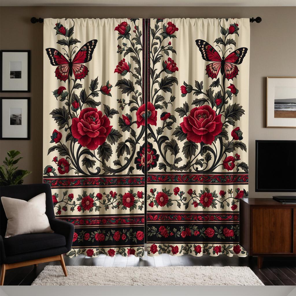 Set Of 2 Curtains Red Rose Butterfly Print Polyester Top Living Room Sheer Made Machine Washable Great Window Treatment