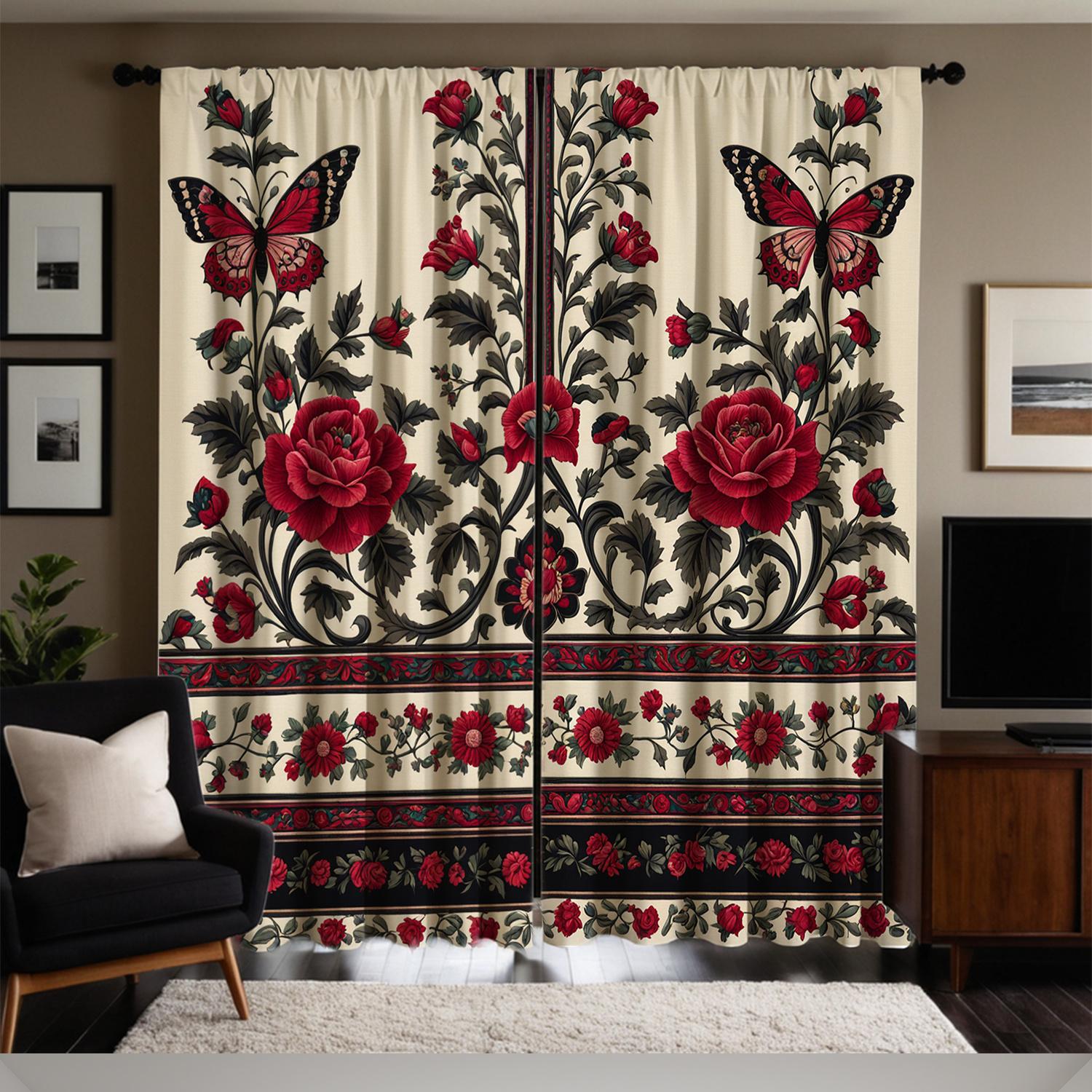 

Set Of 2 Curtains Red Rose Butterfly Print Polyester Top Living Room Sheer Made Machine Washable Great Window Treatment W100*H70(CM)-Rod Pocket&1PCS