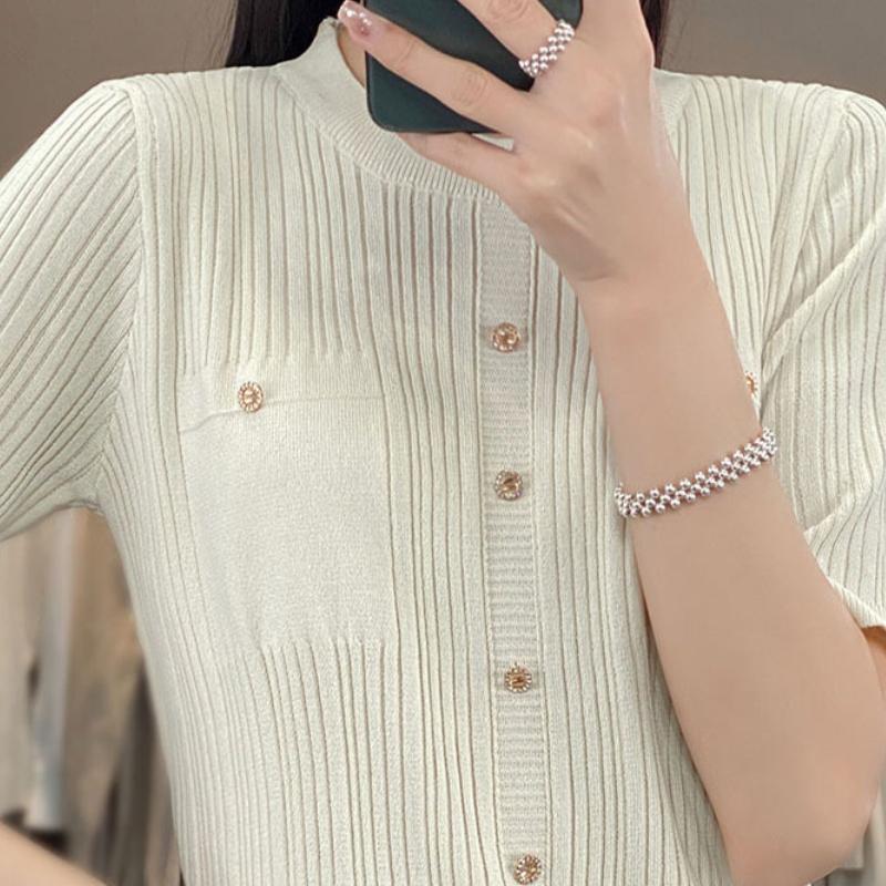 Round Neck Small Fragrance Binge Silk Sweater for Women In Hot Season Latest Slim and Versatile Thin Inner T-shirt Top S