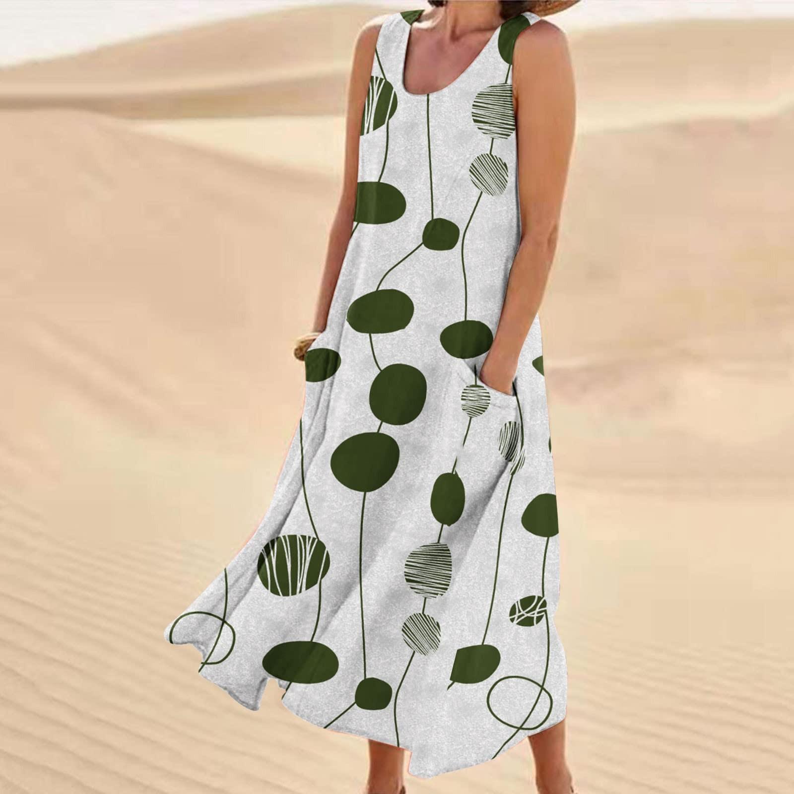 

Women s Summer Casual Round Neck Printed Sleeveless Dress With Pockets XXXL зелений