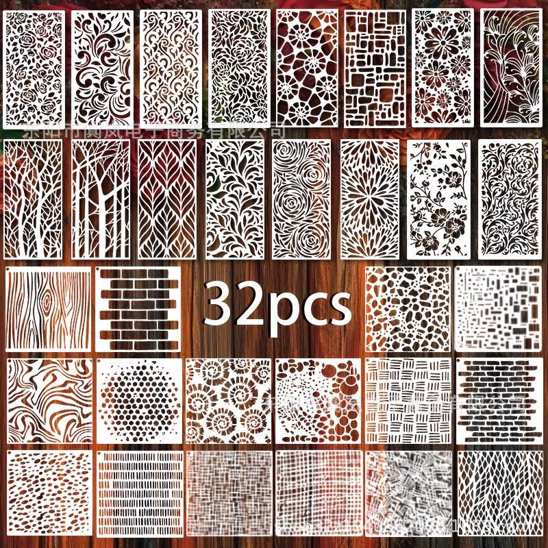 Modelos de Padrão Texturizado de 16 Quadrados para Grafite de Parede DIY - Estênceis de Plástico para Tinta Spray