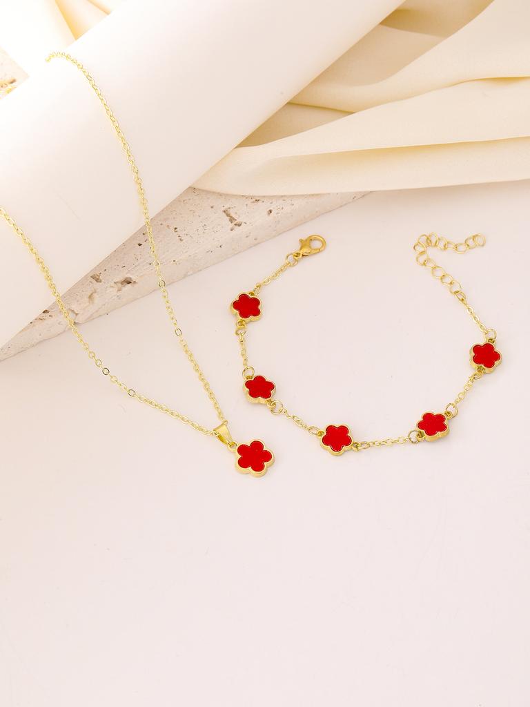 2-teiliges Glücksklee-Zirkon-Set für Damen, Mode-Blumenarmband + Halskette, Geburtstag, Ann