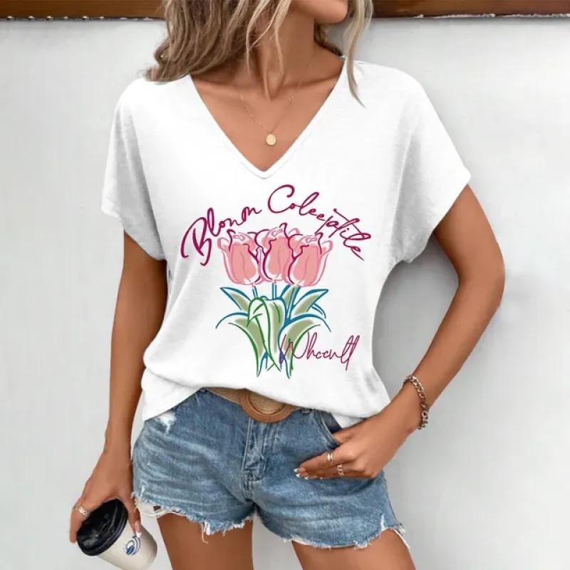 elegant women's v-neck t-Shirt fashion  funny fruit pattern print t-Shirt popular short sleeve t-Shirt summer leisure t-Shirt