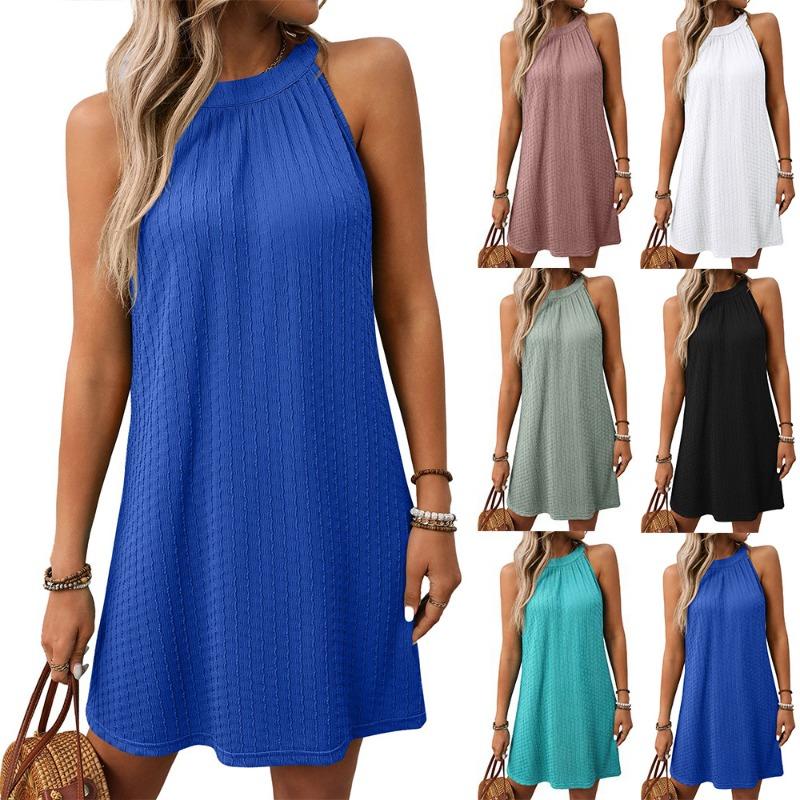 Summer Solid Color Round Neck Hanging Neck Loose Sleeveless Dress for Women Dress