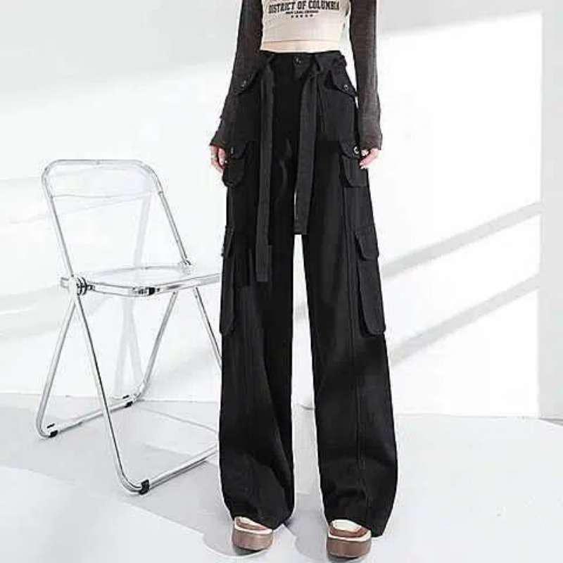 Spicy Girl Retro High-Waisted Multi-Pocket Wide-Leg Jeans for Women Small