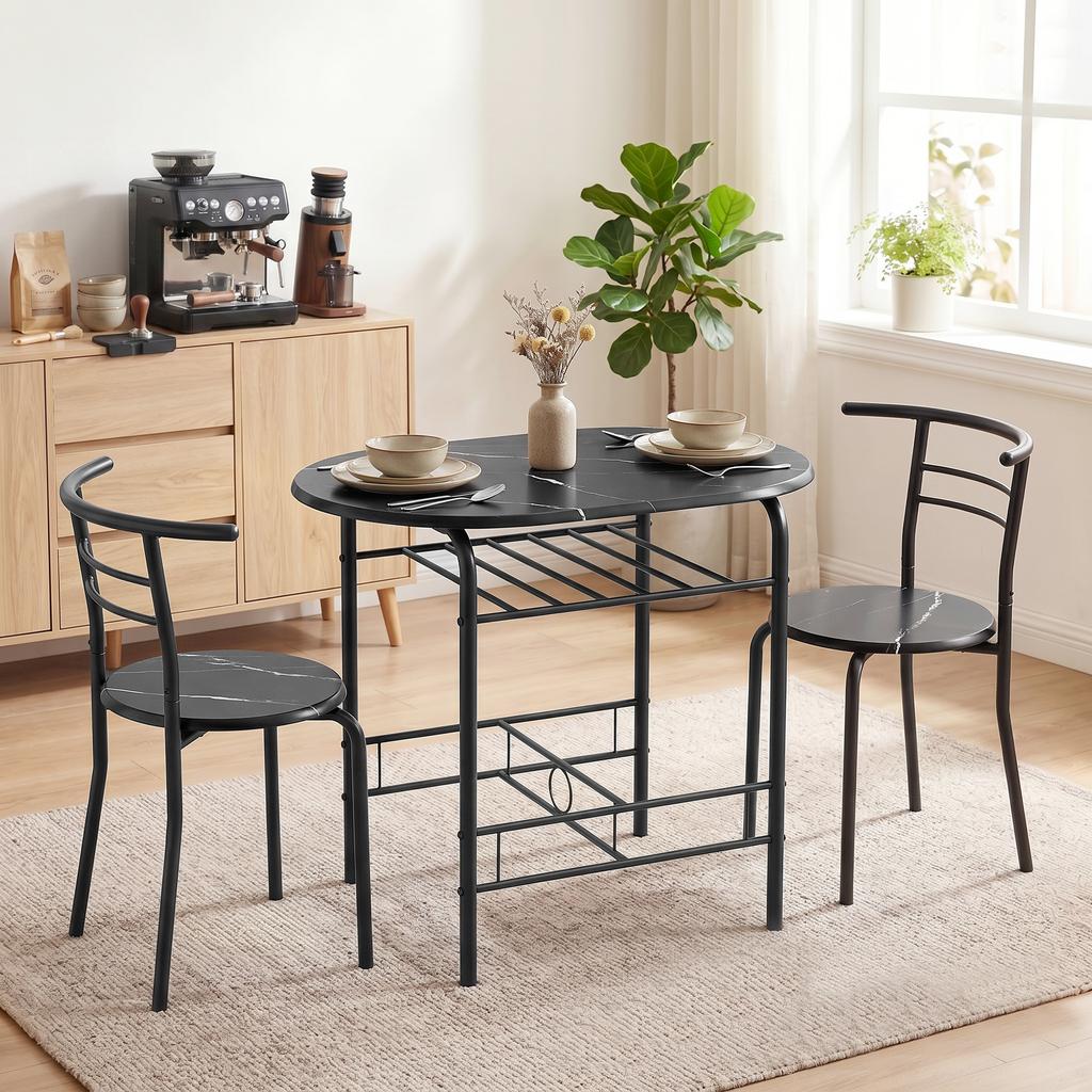 3-teiliges Esszimmer-Set, Küchentisch und Stühle für 2 Personen mit Regal, Wohnzimmer, Schwarze Marmoroptik