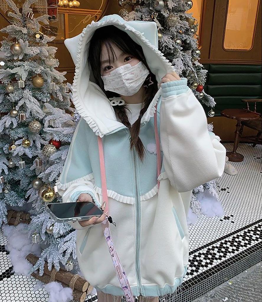 Lilikakoi Cat Ear Hoodie with Ears and Angel and Feather Cute Cat Ear Loose Light Blue Color Y2K Angel Harajuku Women's Frills, Wings, Pattern,
