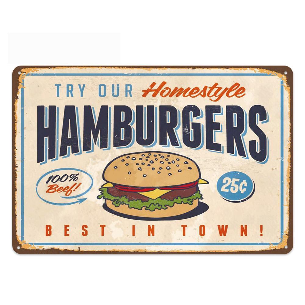 Hamburgers Metal Tin Signs Hot Dogs Printed Vintage Poster Kitchen Wall Decor Fast Food Shop Plaque Wall Art Iron Plate Painting