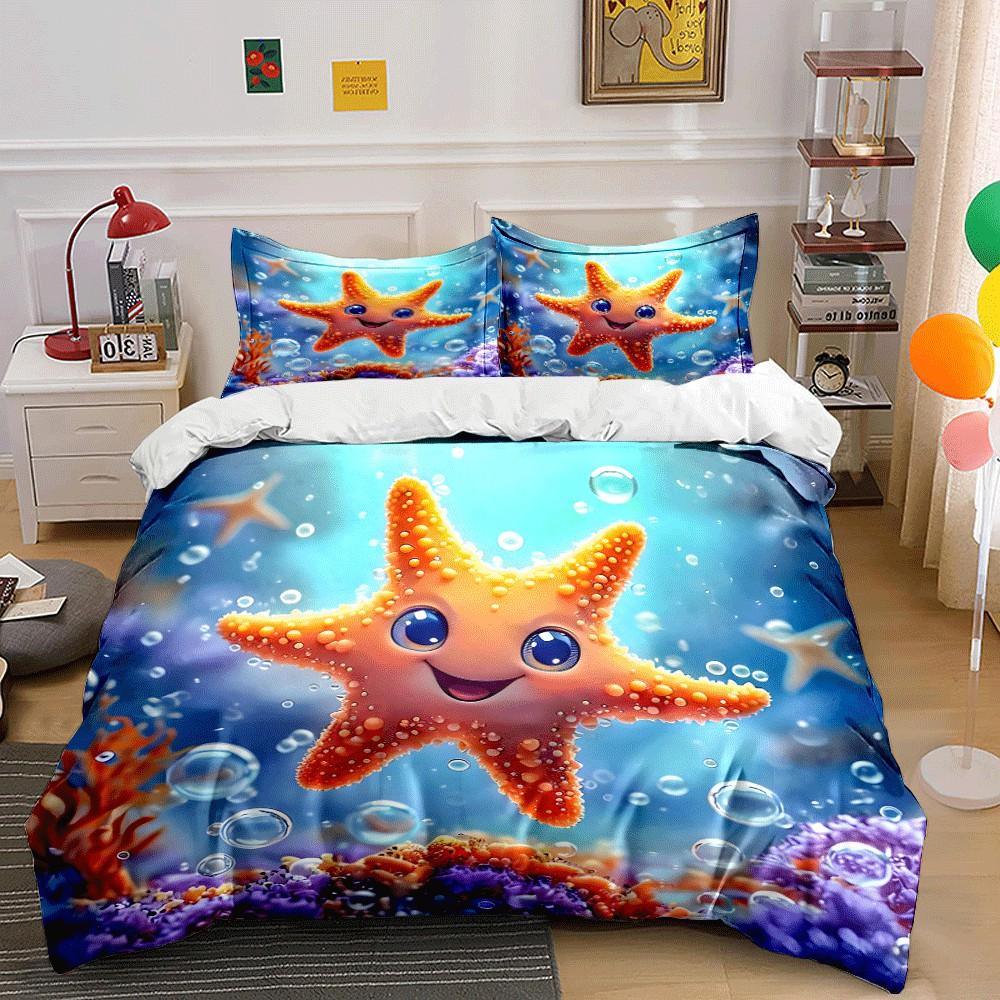 Underwater Starfish-Themed Decor Set Exquisite Three-piece Bedding Set Gift for Kids and Adults