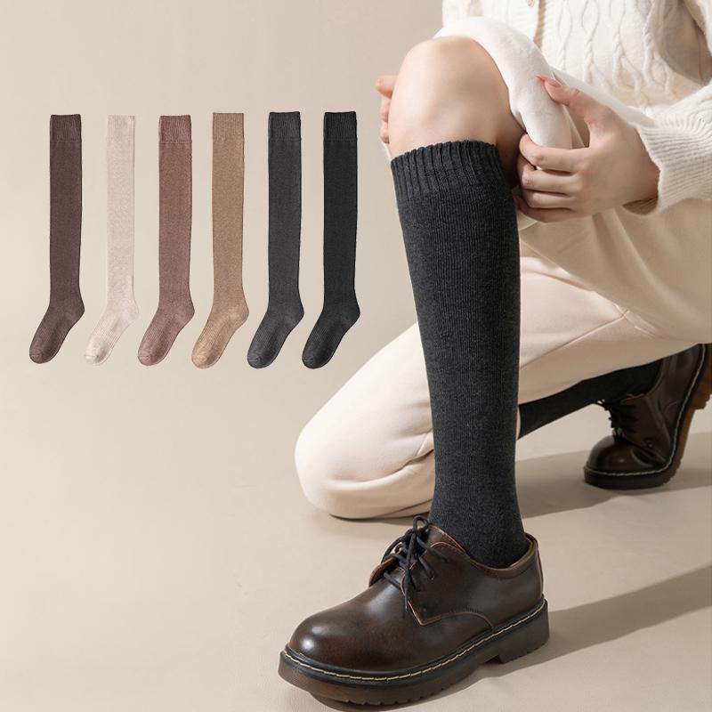2 Pairs Sets Winter Thick Warmer Stockings For Women Knit Cotton Thermal Over Knee Socks Casual Solid Color Knee Long Sock