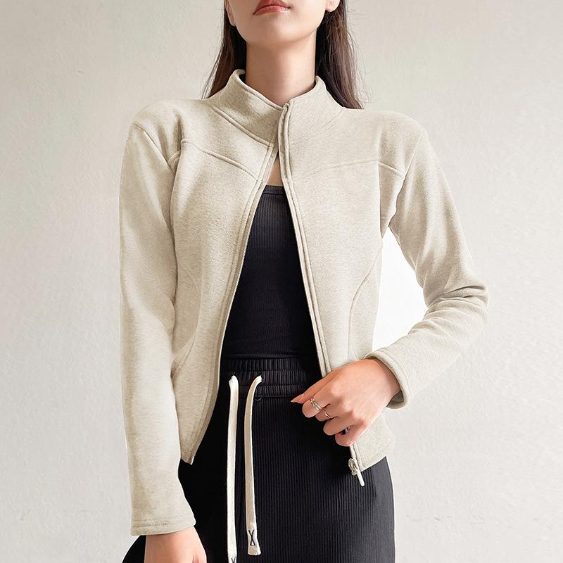 Giacca da donna slim fit con colletto alla coreana in finta lana con cerniera, cappotto casual a maniche lunghe tinta unita