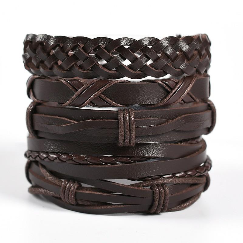 Men's Braided Leather Skull Bracelet Set with Multi-Layered Genuine Leather Bangle