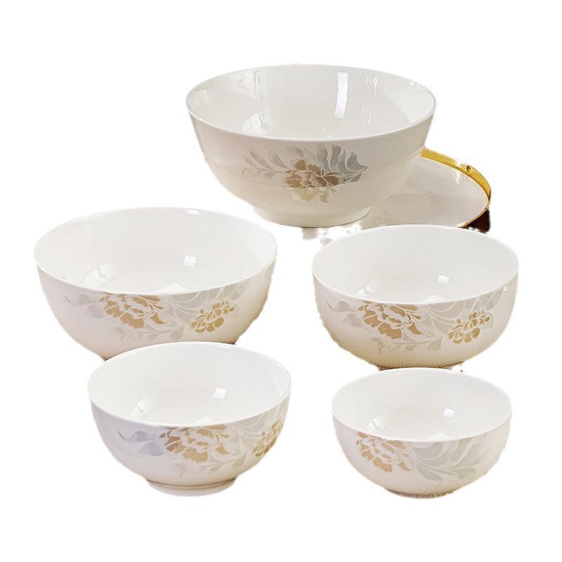 Chinese-Style Ceramic Bone China Bowl Set: Large Soup & Noodle, Rice Bowls, Plates, and Hat Bowl.