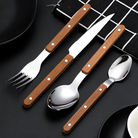Geschirrset Klassisches Französisches Design 5-teiliges Edelstahl-Besteck mit Imitation-Holzgriff Spülmaschinenfest Besteckset Rostbeständig Steakmesser