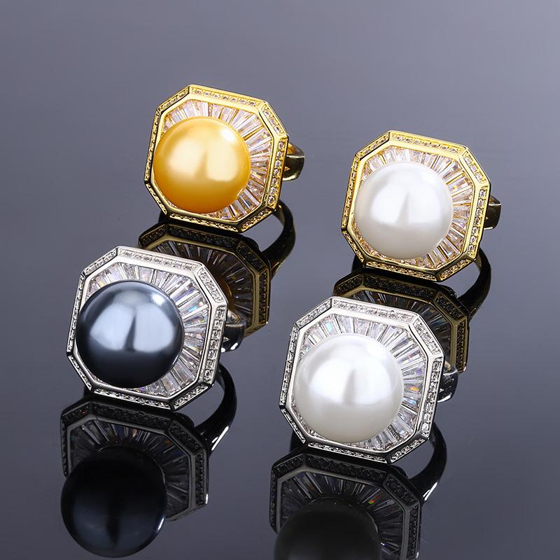 Jewelry Copper Platinum Plated Inlaid Fritillary Pearl Diamond Temperament Square Ring 14Mm