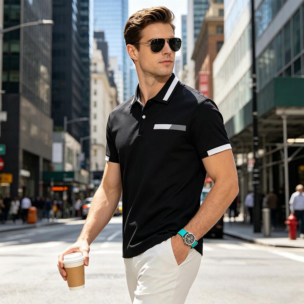 Men's Short Sleeve Polo Shirt Classic Fit Button Down Collar Pocket Design Casual Lightweight Breathable Top for Daily Wear