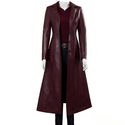 Damska Długa Jednolita Kurtka Biker Steampunk Gothic z Klapami - Streetwearowy Płaszcz PU