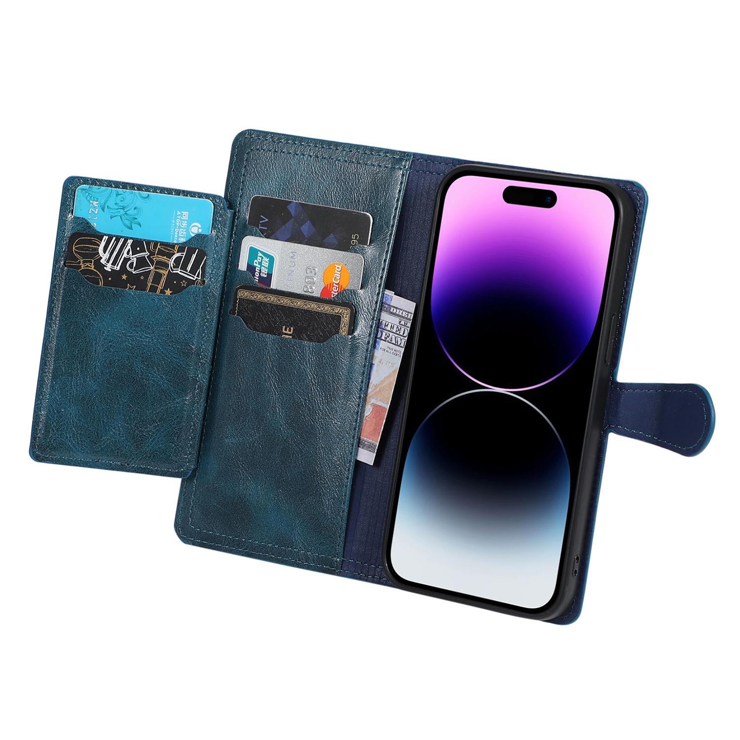 

For iPhone 15 Pro Shockproof PU Leather Case Wallet Zipper Pocket Flip Stand Phone Cover Blue