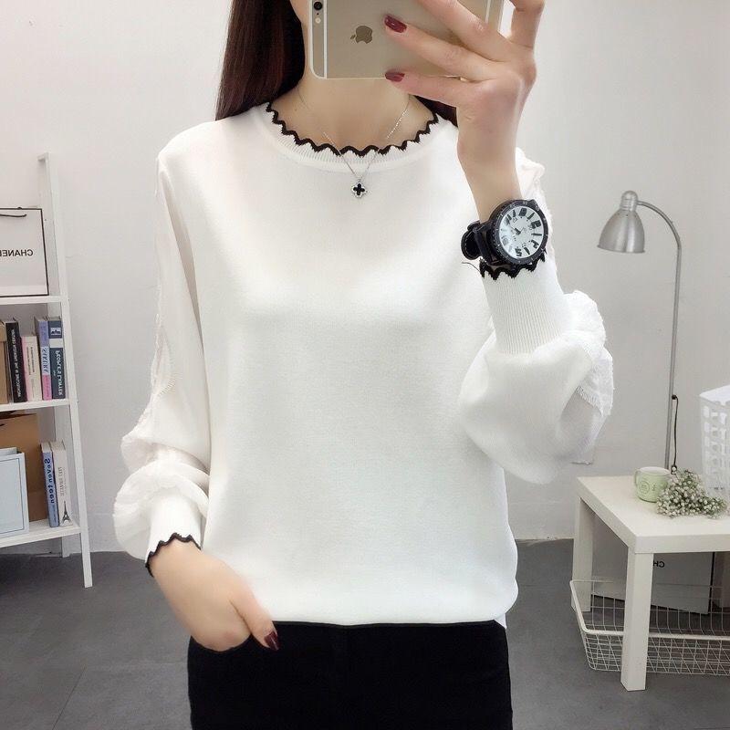 

2026 New T-Shirt Round Neck Women s Top Chiffon Lace Versatile Korean Style Lantern Sleeve Long Sleeve M білий