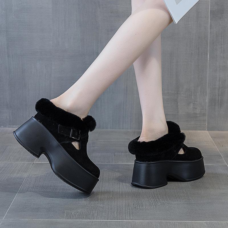 Thick-soled bag head half-support shoes autumn and winter new 2025 women's heightening fashion buckle versatile rabbit velvet cotton slippers trend