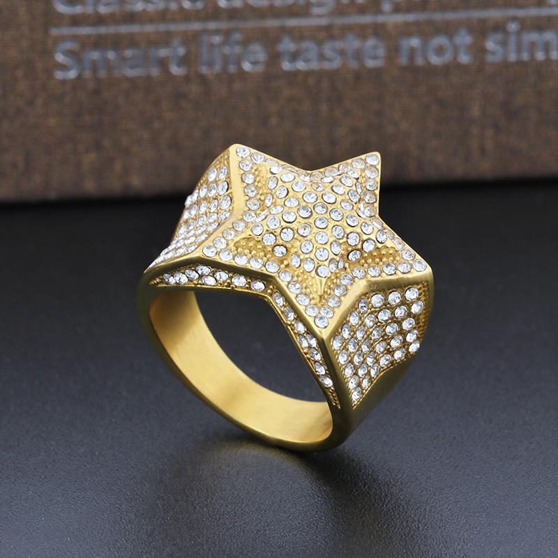 Hip Hop Gold Color Full Zircon Finger Rings For Men Larger Pentagram Ring Stainless Steel Women Charm Party Jewelry Accessory